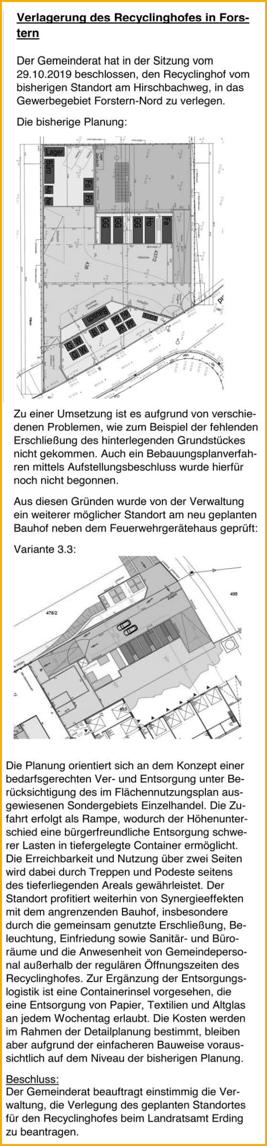 Ausschnitt aus dem Forsterner Mitteilungsblatt vom 01.11.2025 zum Thema Recyclinghof