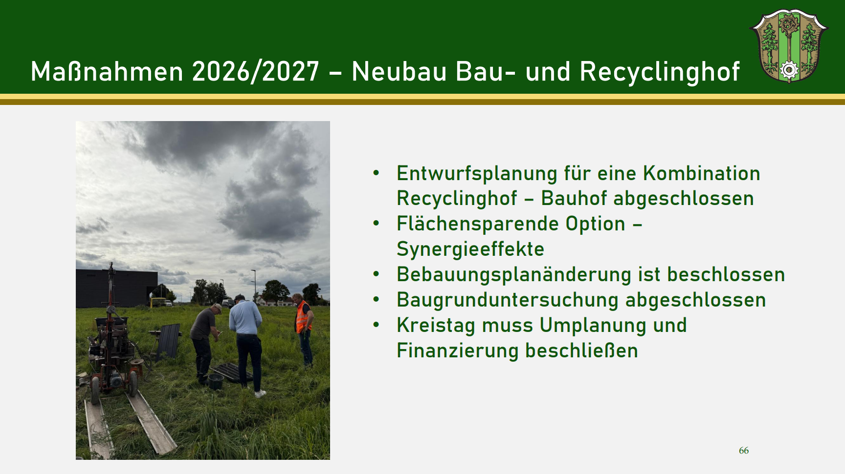 Folie von der Bürgerversammlung 2025. Thema: Geplante Maßnahmen Bauhof/Recyclinghof