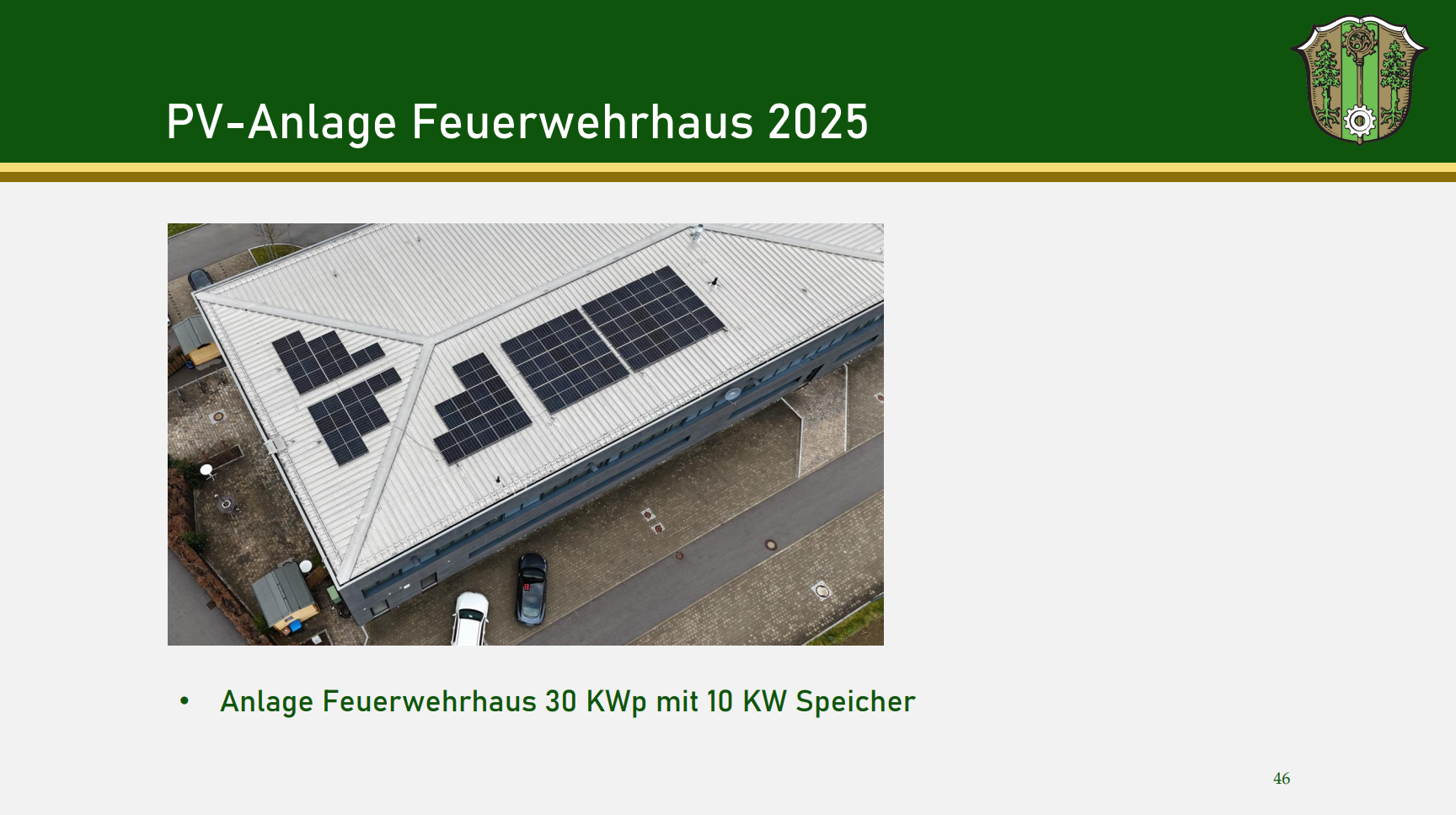 Folie von der Bürgerversammlung 2025. Thema: PV-Anlage auf dem Feuerwehrhaus