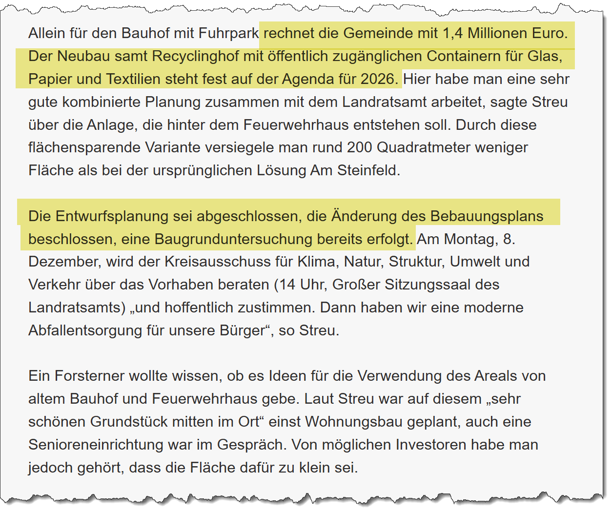 Ausriss aus dem Merkur vom 01.12.2025 zur Bürgerversammlung. Thema: Recyclinghof