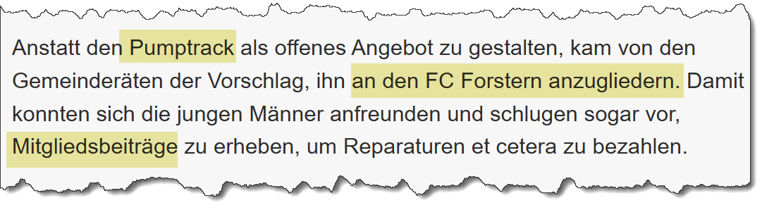 Ausriss aus dem Merkur vom 02.04.2026. Thema: Neuanlage eines Pumptracks und Angliederung an den FC Forstern.