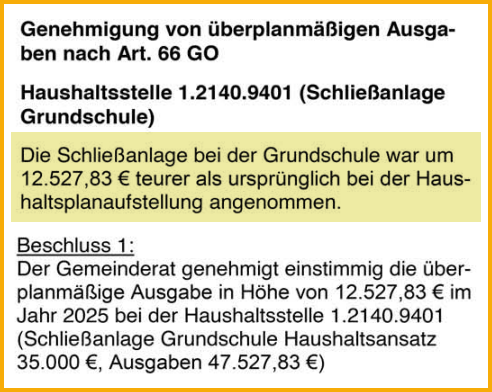 Ausschnitt aus dem Forsterner Mitteilungsblatt vom Mai 2026. Thema: Mehrkosten für Schließanlage für die Grundschule.
