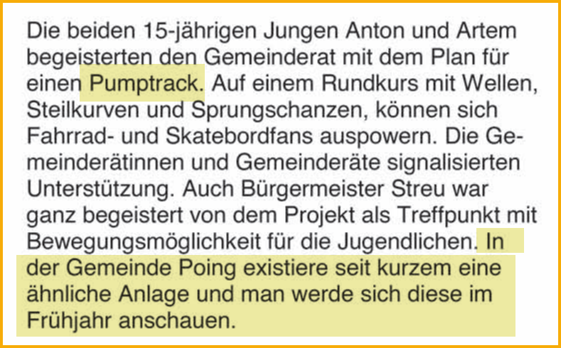 2026-05-01-forstern-nachrichten-pumptrack Ausschnitt aus den Forsterner Nachrichten vom Mai 2026. Thema: Pumptrack