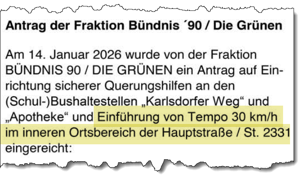 Ausriss aus dem Forsterner Mitteilungsblatt vom Juni 2026. Thema: Tempo-30 auf der Hauptstraße.