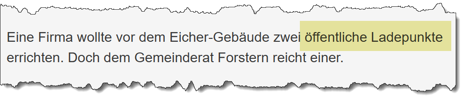 Ausriss aus dem Merkur vom 21.07.2026. Thema: Ladesäulen vor dem Eicher-Museum in Forstern.