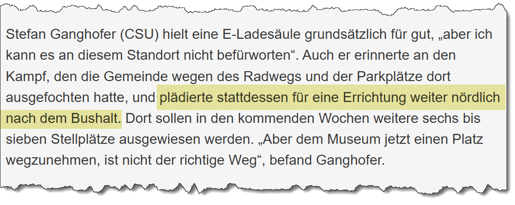 Ausriss aus dem Merkur vom 21.07.2026. Thema: Ladesäulen vor dem Eicher-Museum in Forstern.