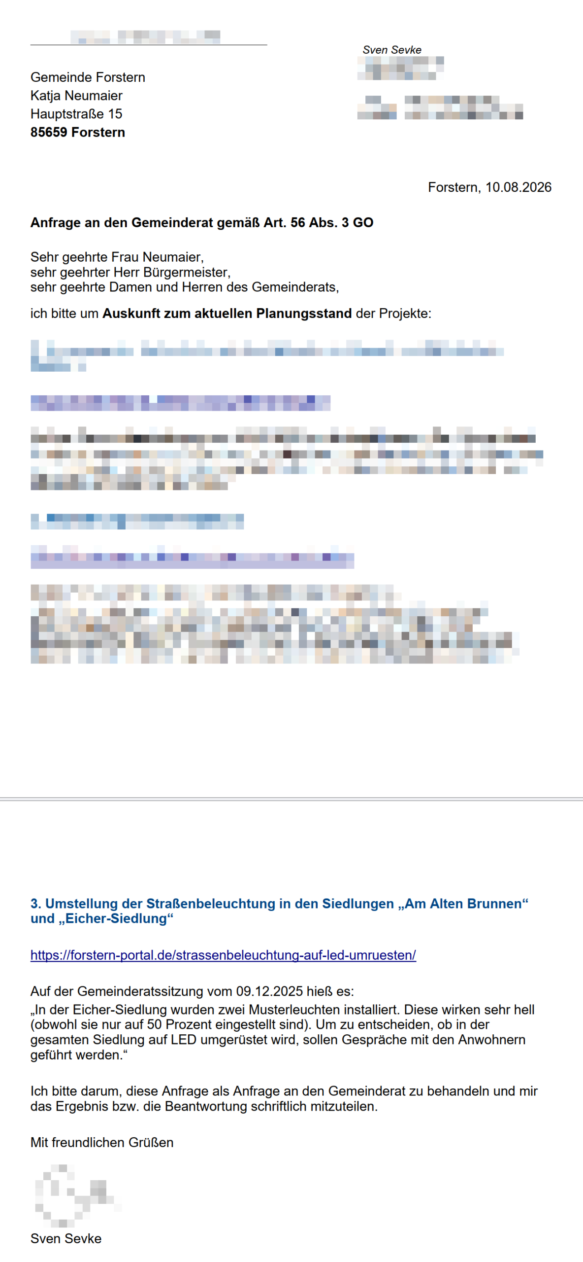 Sachstandsanfrage an den Gemeinderat Forstern. Thema: Umstellung der Straßenbeleuchtung auf LED.