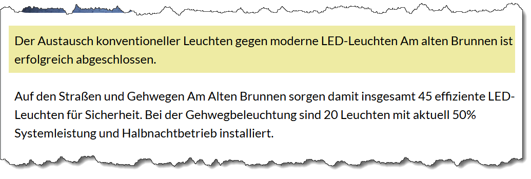 Auszug aus der Heimat Info vom 29.08.2026. Thema: LED Straßenbeleuchtung in der STraße "Am Alten Brunnen" in Forstern.