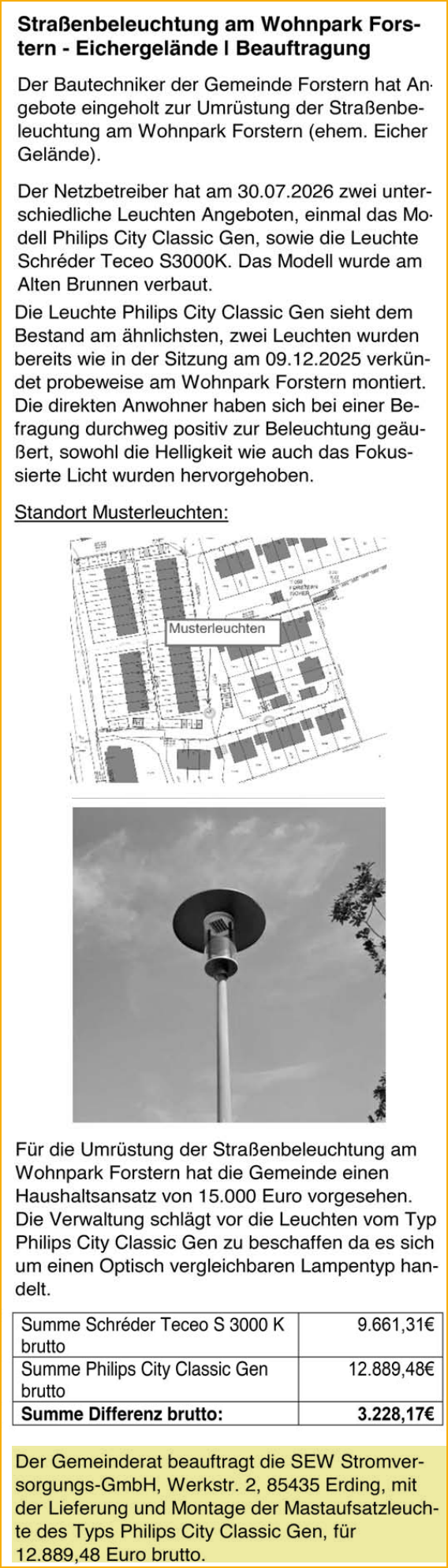 Auszug aus dem Forsterner Mitteilungsblatt vom Oktober 2026. Thema: Umrüstung der Straßenbeleuchtung im Wohnpark Forstern auf LED.