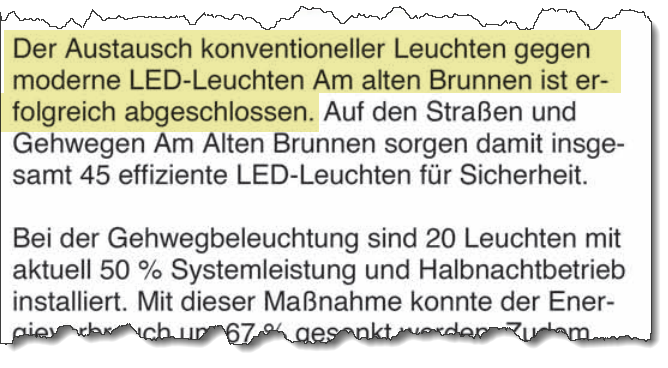 Ausriss aus den Forsterner Nachrichten vom Oktober 2026. Thema: Umstellung der Straßenbeleuchtung im "Am Alten Brunnen" auf LED.