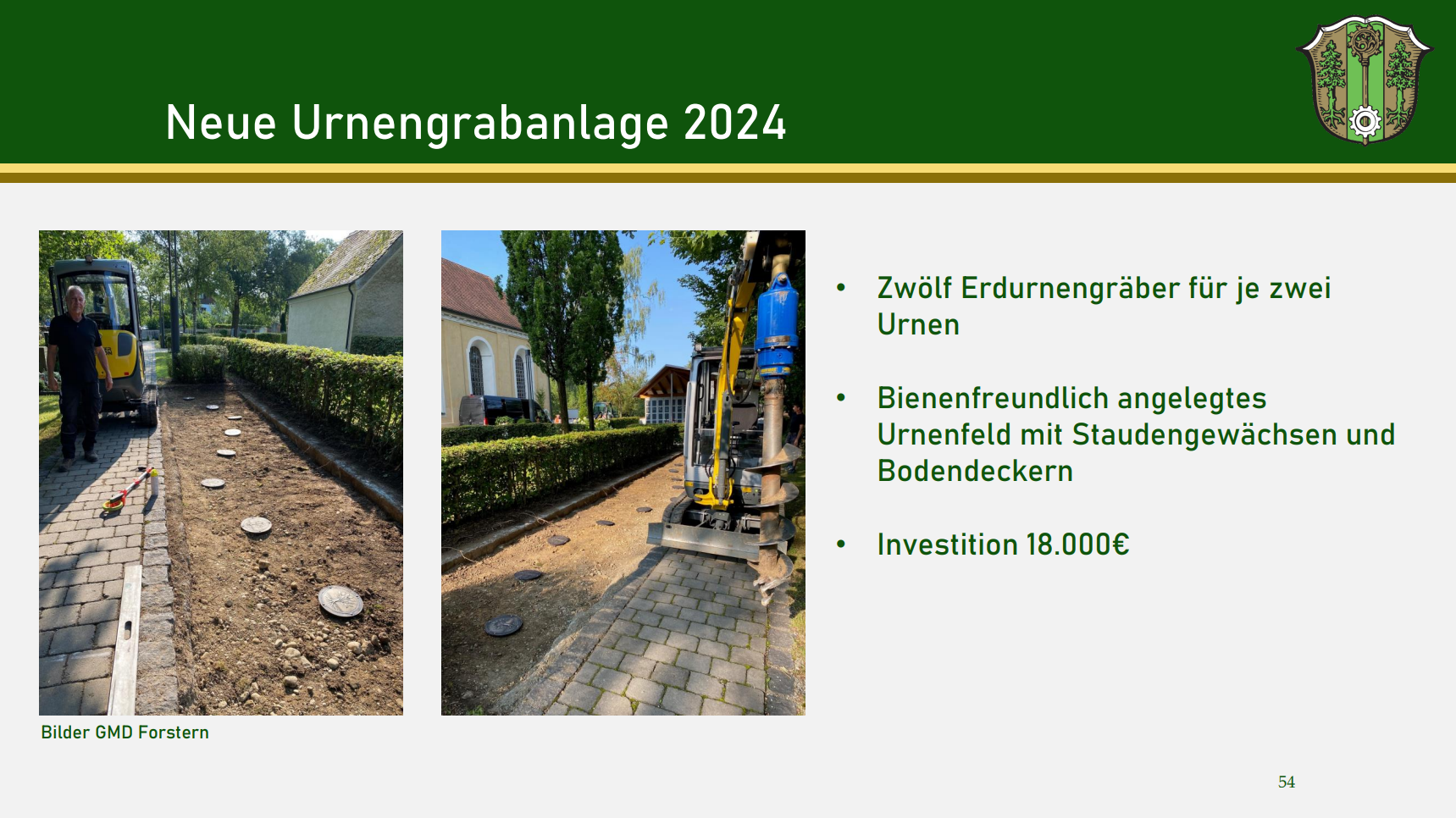 Präsentationsfolie von der Bürgerversammlung 2024 mit Infos zur neuen Urnengrabanlage