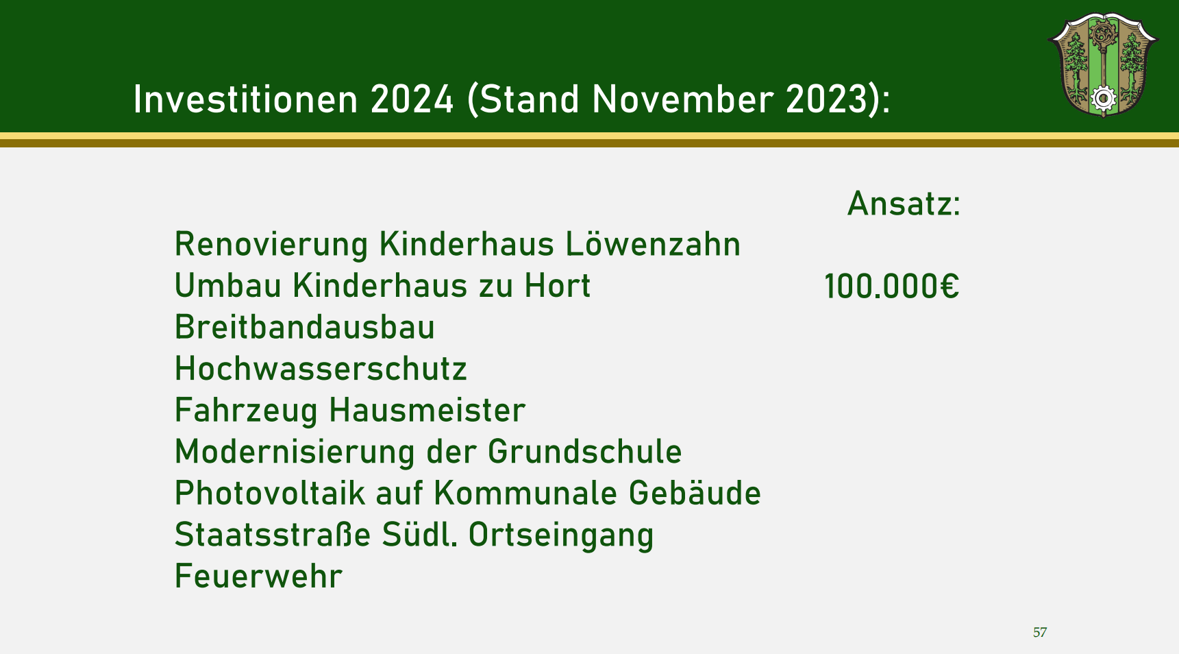 Präsentationsfolie von der Bürgerversammlung 2023, auf der die geplanten Investitionen für den Umbau des Kindergartens dargestellt werden
