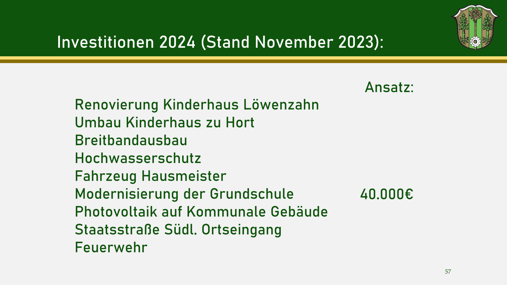 Präsentationsfolie von der Bürgerversammlung 2023, auf der die geplanten Investitionen für die Schulsanierung ausgewiesen werden