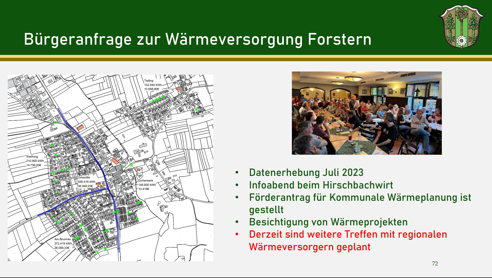 Präsentationsfolie von der Bürgerversammlung 2023, auf der über die kommunale Wärmeplanung in Forstern informiert wird.