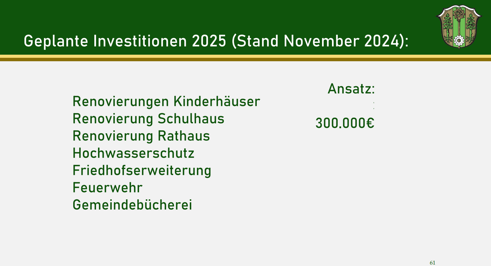 Präsentationsfolie von der Bürgerversammlung 2024, auf der die geplanten Investitionen für die Schulsanierung ausgewiesen werden