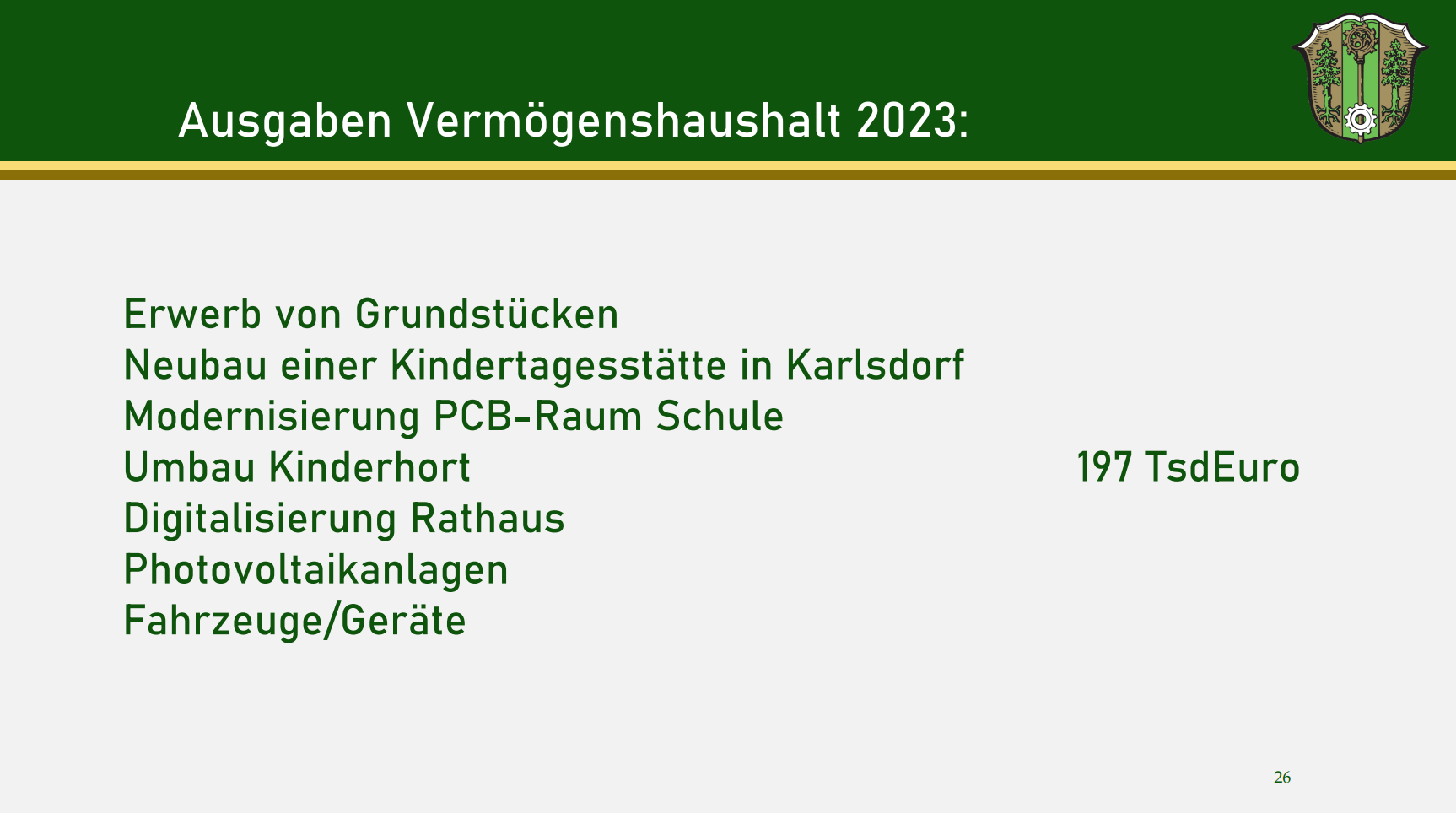 Präsentationsfolie von der Bürgerversammlung 2024, auf der die Kosten für den Umbau des Kindergartens ausgewiesen werden