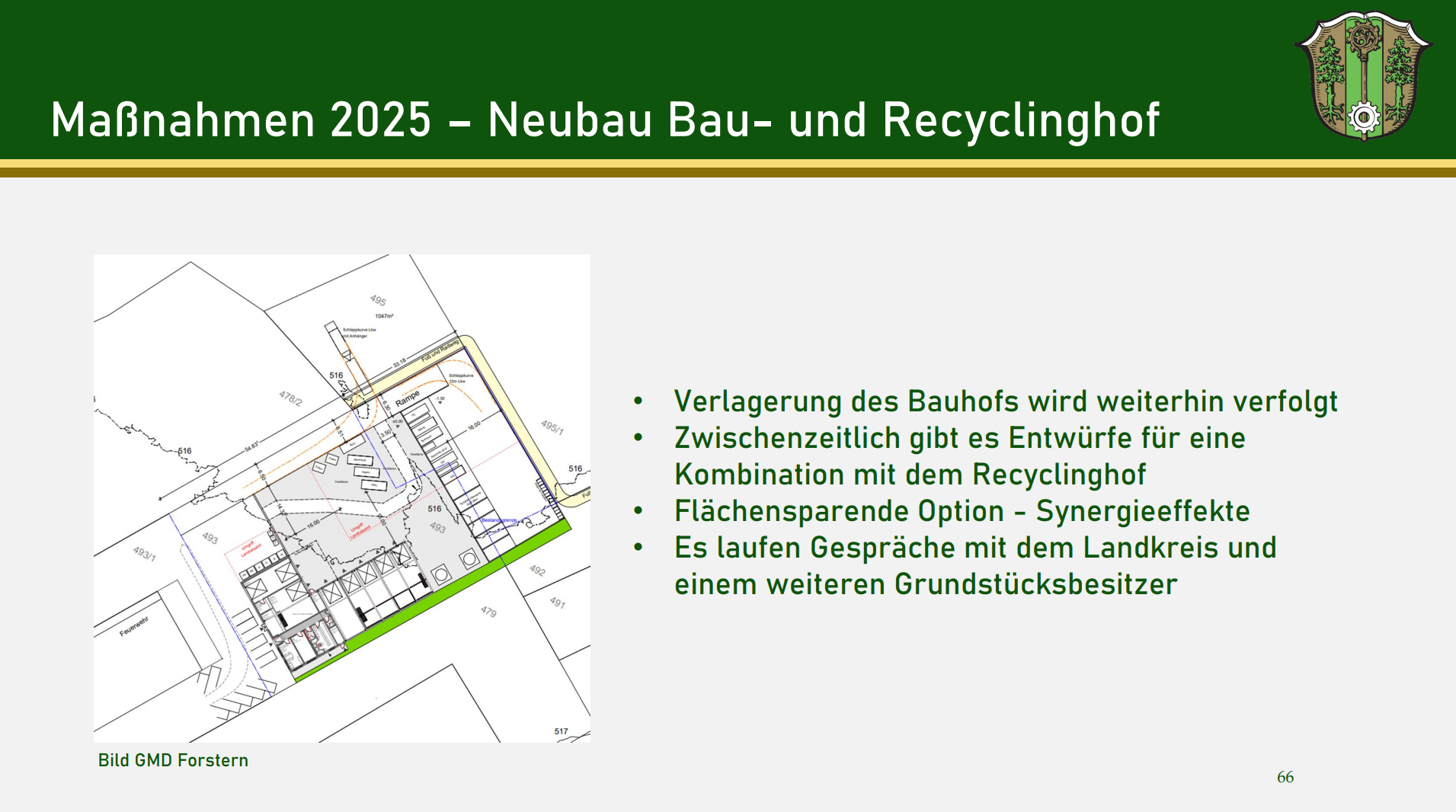 Präsentationsfolie von der Bürgerversammlung 2024, auf der die Lage der geplanten Kombination von Wertstoffhof und Bauhof zu erkennen ist