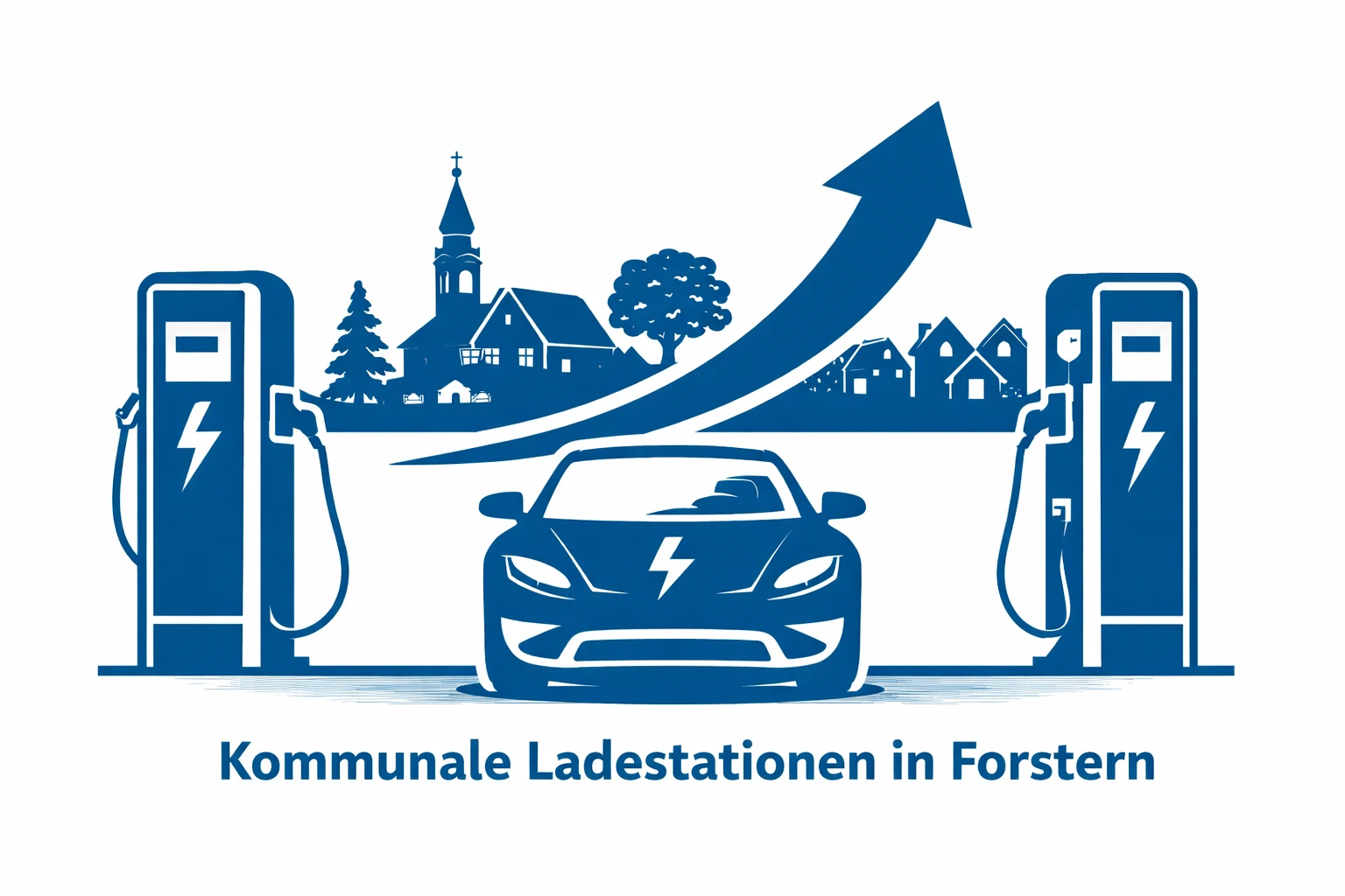 Symbolgrafik, die ein Auto zwischen zwei Ladestationen zeigt. Das Bild ist monochromatisch in Blau gehalten.