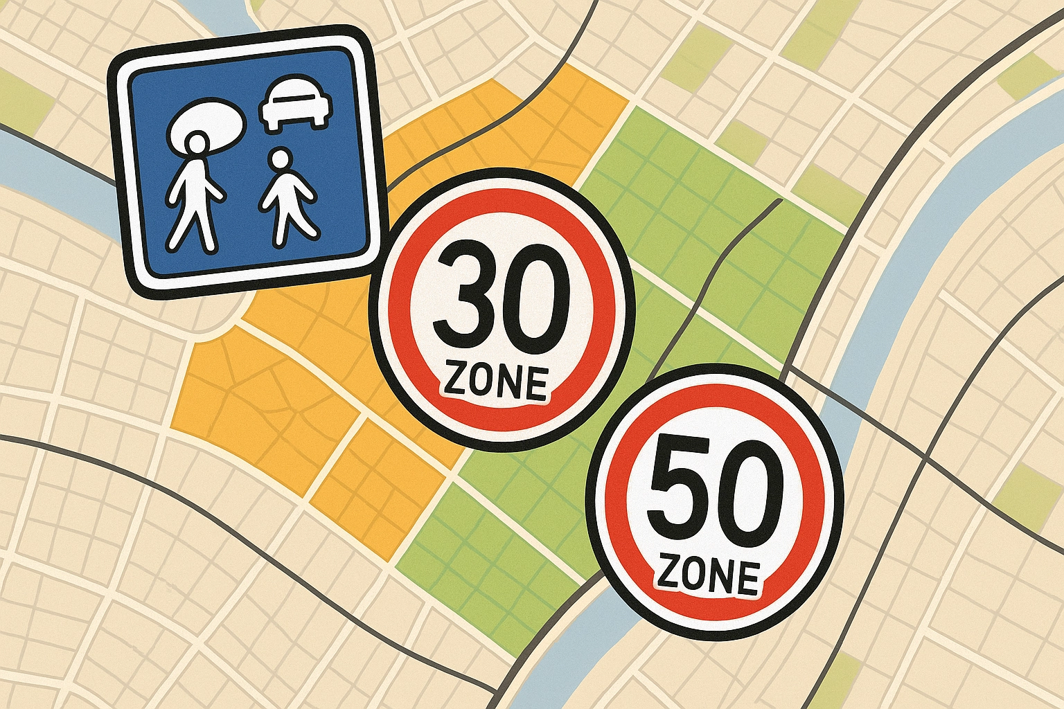 Symbolgrafik für unterschiedliche Geschwindigkeitszonen im Straßenverkehr