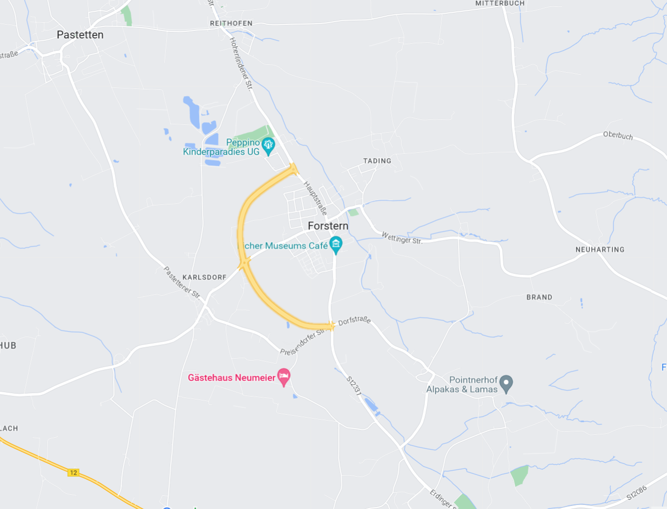 Landkarte mit eingezeichneter symbolischer Ortsumgehung um Forstern