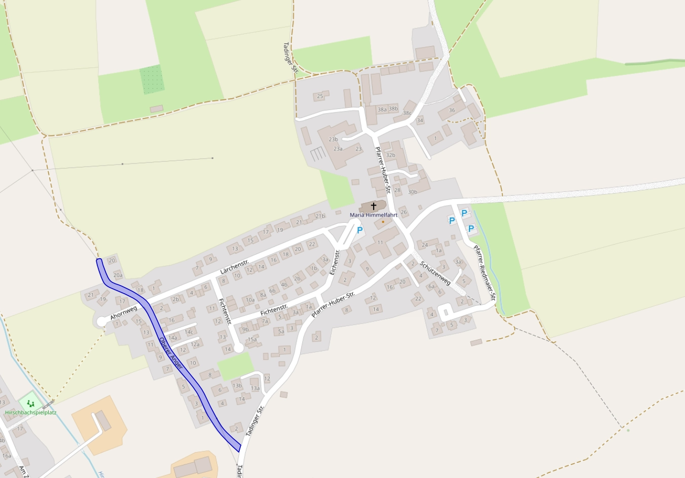 Open Street Maps Karte mit markiertem Oberen Anger in Rading.