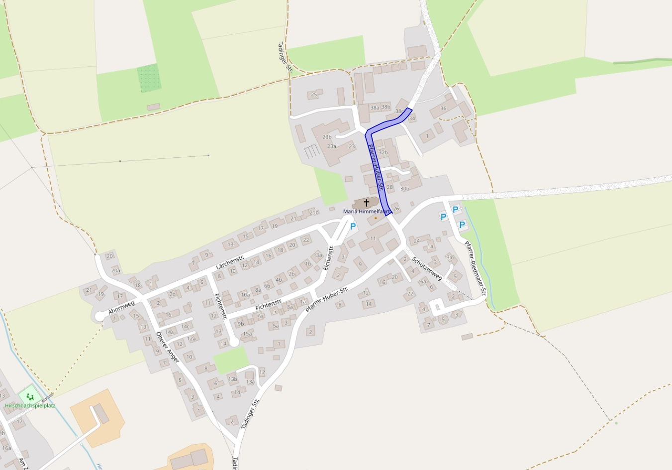 Landkarte von Tading, auf der ein Stück der Pfarrer-Huber-Straße markiert ist.