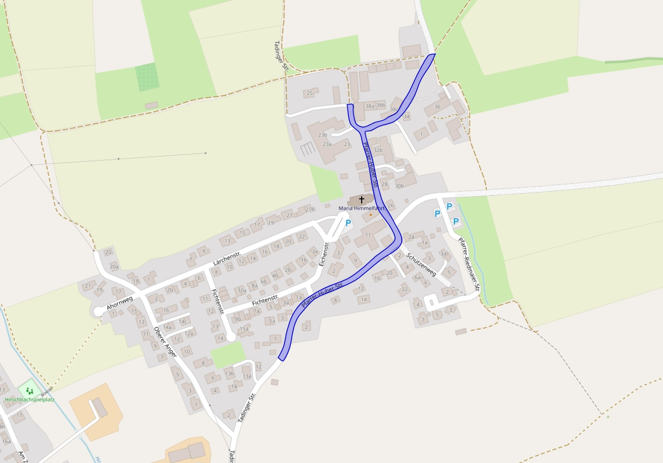 OpenStreetMap Karte von Tading mit Markierung der Pfarrer-Huber-Straße