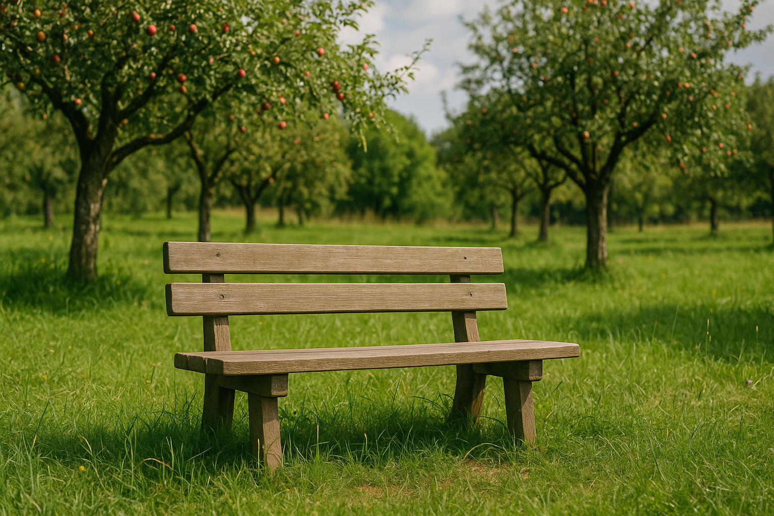 Eine Parkbank auf einer Streuobstwiese - mit KI generiert.