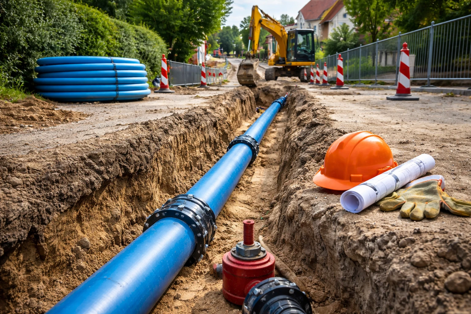 Bild der Neuverlegung einer Wasserleitung. KI generiert.