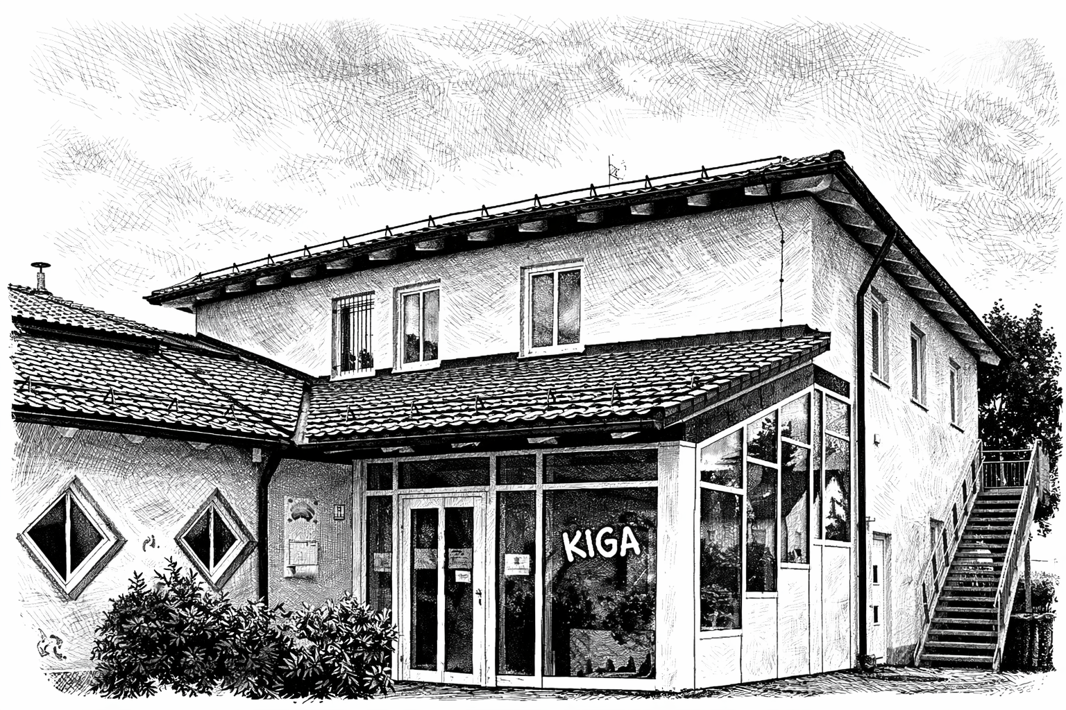 Grafik für die Zeitleiste, die den Neubau des Kindergartens Villa Regenbogen in einer Schwarz-Weiß-Zeichnung symbolisiert.