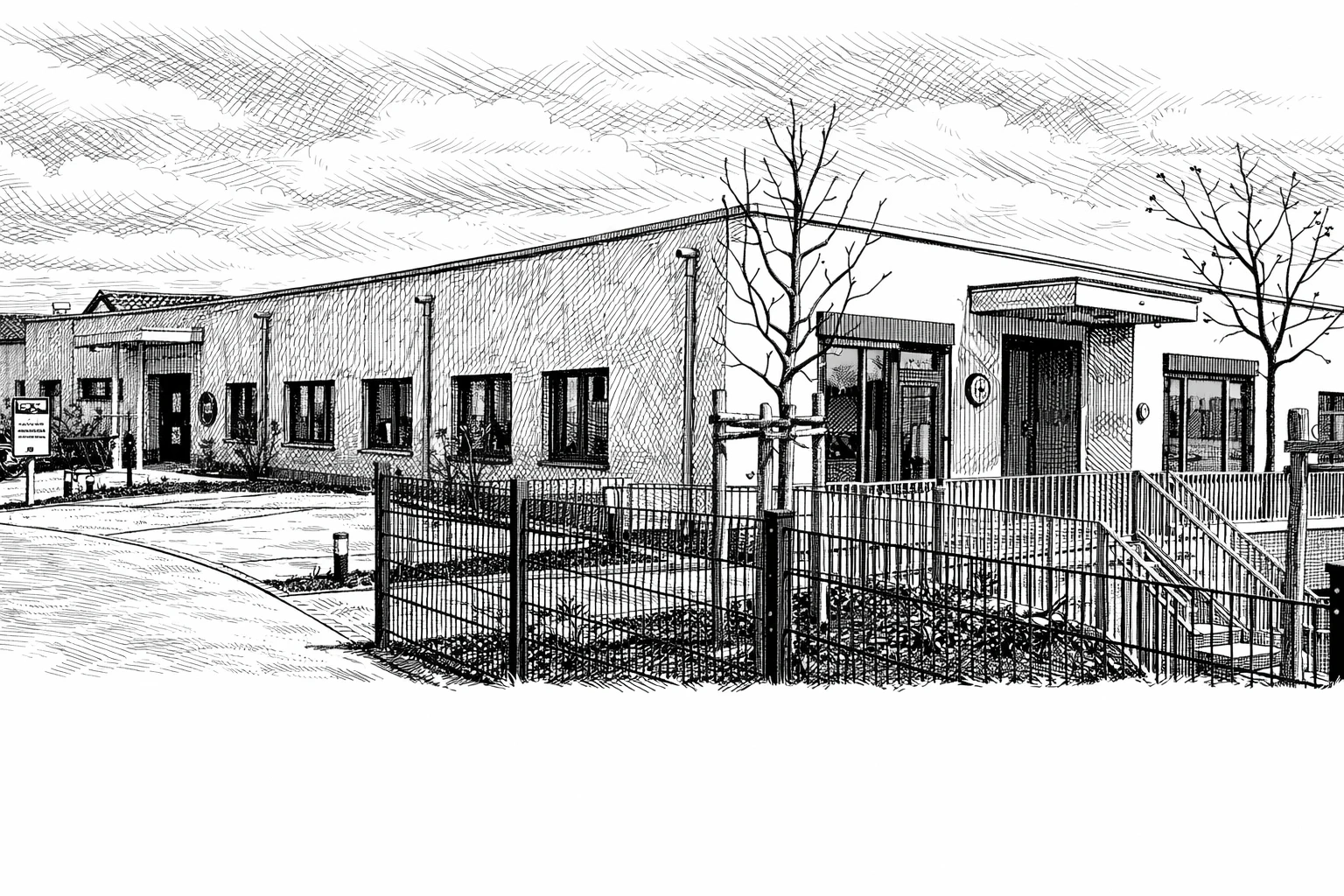 Grafik für die Zeitleiste, die das neue Kinderhaus in Karlsdorf in einer Schwarz-Weiß-Zeichnung zeigt.