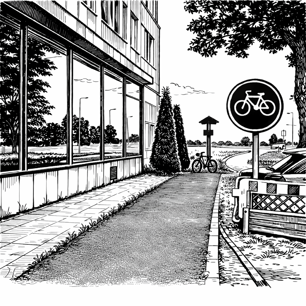 Grafik für die Zeitleiste, die ein Gebäude mit einem Radweg davor in einer Schwarz-Weiß-Zeichnung zeigt.