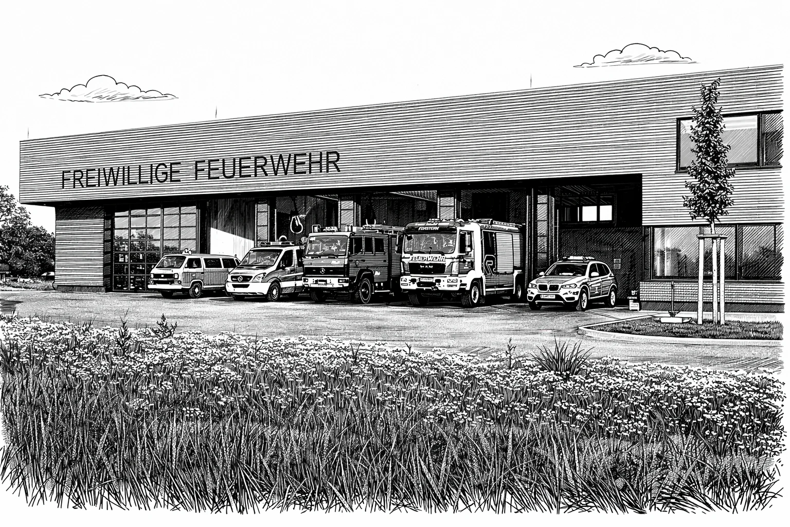 Grafik für die Zeitleiste, die das neue Feuerwehrhaus in einer Schwarz-Weiß-Zeichnung zeigt.